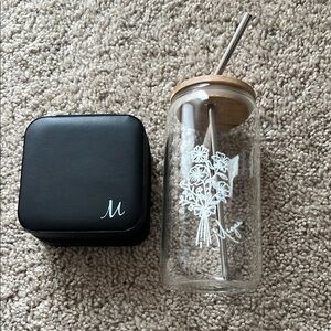 Glass cup w/straw and Travel jewelry case